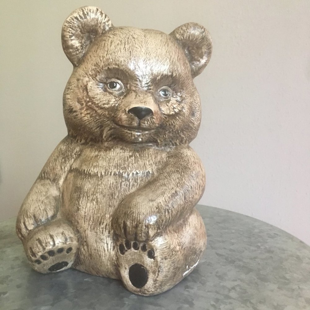 Ceramic Sitting Brown Bear Signed By Artist.